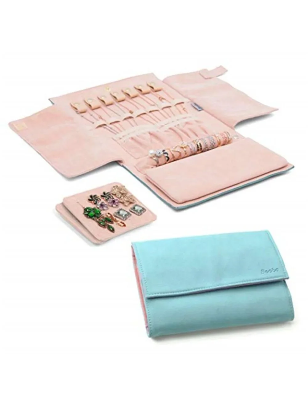 Travel Jewelry Organizer Roll Blue Necklace Earring Ring Storage Case Portable